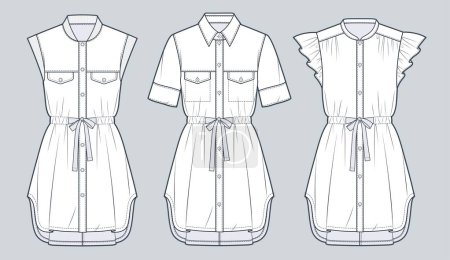 Set of Shirt Dress technical fashion Illustration. Drawstring mini Dress fashion flat technical drawing template, different collars and sleeves, button down, front view, white, women CAD mockup.
