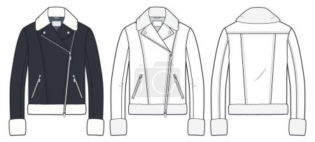 Illustration for Winter Biker Jacket with Faux Fur technical fashion illustration. Sheepskin Coat fashion flat technical drawing template, front and back view, white color, women, men, unisex CAD mockup. - Royalty Free Image
