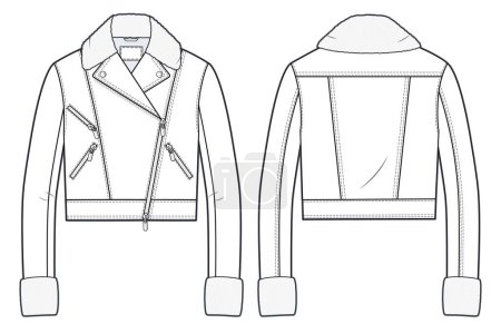 Illustration for Unisex Biker Jacket with Faux Fur technical fashion illustration. Sheepskin Coat fashion flat technical drawing template, front and back view, white color, women, men, unisex CAD mockup. - Royalty Free Image