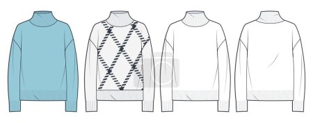 Illustration for Set of Sweaters, Jumpers technical fashion illustration. Sweaters fashion technical drawing template, overfit, roll neck, long sleeve, front and back view, white, blue and plaid design, unisex CAD mockup set. - Royalty Free Image