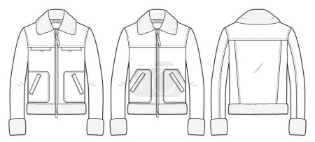 Winter Ted Biker Jacket with Faux Fur technical fashion illustration. Sheepskin Coat, Bomber fashion flat technical drawing template, pockets, front and back view, white color, women, men, unisex CAD mockup set.