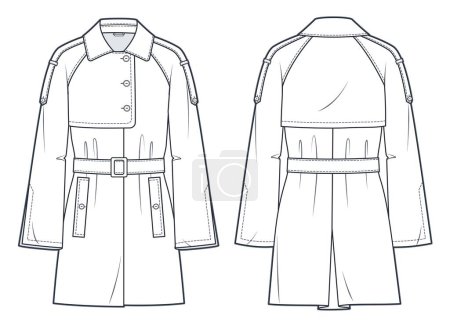 Trench Coat technical fashion Illustration. Belted Coat fashion flat technical drawing template, flared raglan sleeves, pockets, front and back view, white, women, men, unisex CAD mockup set.