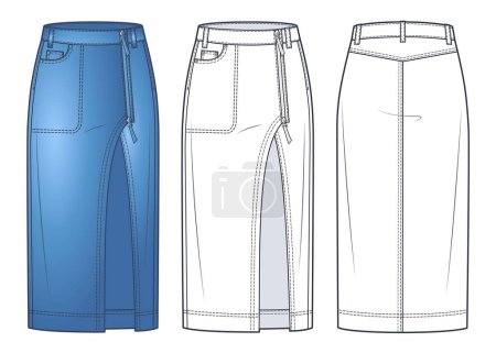 Illustration for Asymmetric Denim Skirt technical fashion illustration, blue design. Midi Skirt fashion flat sketch template, zip up, front pocket, slit, front and back view, white, CAD mockup set. - Royalty Free Image