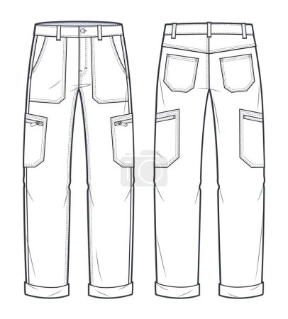 Pantalon cargo mode technique Illustration. Jeans Pantalon mode plat modèle de dessin technique, poches, vue avant et arrière, blanc, femmes, hommes, unisexe CAD mockup.