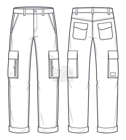 Pantalon cargo mode technique Illustration. Jeans Pantalon mode plat modèle de dessin technique, poches, vue avant et arrière, blanc, femmes, hommes, unisexe CAD mockup.