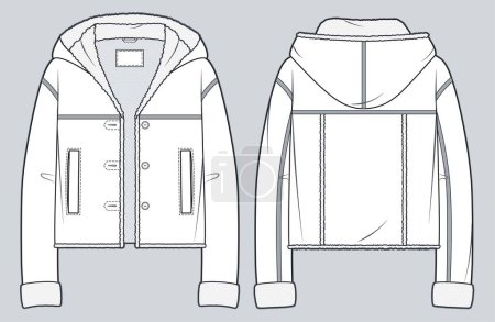 Illustration for Hooded Leather Jacket with Faux Fur technical fashion illustration. Sheepskin Coat, Bomber fashion flat technical drawing template, pockets, hood, button up, front and back view, white color, women, men, unisex CAD mockup. - Royalty Free Image