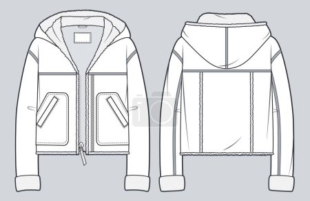 Illustration for Hooded  Jacket with Faux Fur technical fashion illustration. Sheepskin Coat, Bomber fashion flat technical drawing template, pockets, zipper, front and back view, white, women, men, unisex CAD mockup. - Royalty Free Image