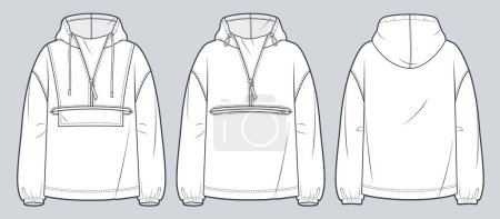 Illustration for Unisex Hoodie technical fashion illustration. Set of Hoodie Sweatshirt fashion flat technical drawing template, pocket, zip-up, front and back view, white, women, men CAD mockup. - Royalty Free Image