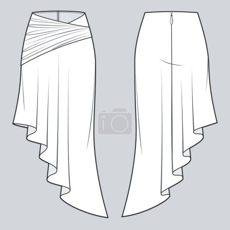 Illustration for Asymmetric Draped Skirt technical fashion illustration. Women's Skirt fashion flat drawing template, A-line, draped detail, zip-up, front and back view, white, CAD mockup. - Royalty Free Image