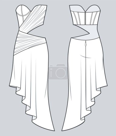 Illustration for Asymmetric Draped Dress technical fashion illustration. Women's cutouts Dress fashion flat drawing template, A-line, draped detail, zip-up, front and back view, white, CAD mockup. - Royalty Free Image