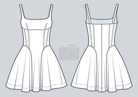Damen-Minikleid technische Mode Illustration. Kleid mit Schultergurten technische Zeichnungsvorlage, schlanke Passform, Reißverschluss, Korsett, Vorder- und Rückansicht, weiße Farbe, CAD-Attrappe.
