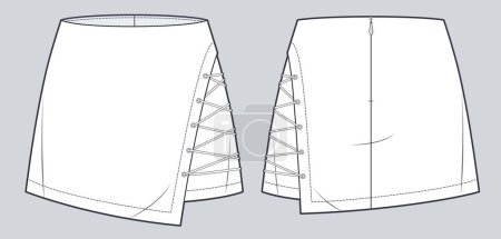 Illustration for Lace up Mini Skirt technical fashion illustration. Asymmetric Skirt fashion flat technical drawing template, low rise, front and back view, white, women CAD mockup. - Royalty Free Image