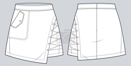 Illustration for Lace up Mini Skirt technical fashion illustration. Asummetric Skirt fashion flat technical drawing template, mid rise, pocket, front and back view, white, women CAD mockup. - Royalty Free Image