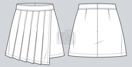 Illustration for Pleated mini Skirt technical fashion illustration. Asymmetric  Skirt fashion flat drawing template, zip up, front and back view, white, women CAD mockup. - Royalty Free Image