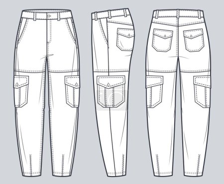 Illustration for Cargo Jeans Pants technical fashion Illustration. Jeans Pants fashion flat technical drawing template, pockets, front, side  and back view, white, women, men, unisex CAD mockup. - Royalty Free Image