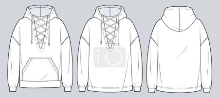 Unisex Lace-up Hoodie technical fashion illustration. Oversize Sweatshirt fashion flat technical drawing template, long sleeve, pocket, front and back view, white, women, men, unisex cad mockup set.