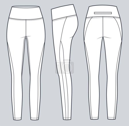 Illustration for Leggings pants technical fashion illustration. Sports Leggings fashion flat technical drawing template, high-rise, front, side and back view, white color, CAD mockup. - Royalty Free Image