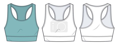 Cropped Tank Top technical fashion illustration. Women's Tank Top technical drawing template, crew neckline, front and back view, white and green color, CAD mockup set.