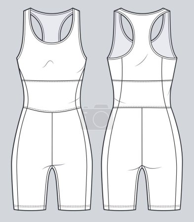 Illustration for Sports Bodysuit technical fashion illustration. Swimsuit fashion flat technical drawing template, front and back view, women, men, unisex CAD mockup. - Royalty Free Image