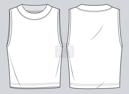 Unisex Tank Top technical fashion illustration. Sleeveless T-Shirt technical drawing template, round neck, cropped, front and back view, white color, women, men, unisex CAD mockup.