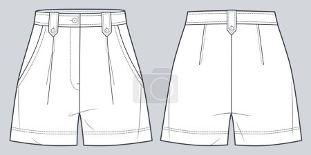 Illustration for Short Pants technical fashion illustration. High Waisted  Shorts fashion flat technical drawing template, pockets, front and back view, white, women, CAD mockup. - Royalty Free Image