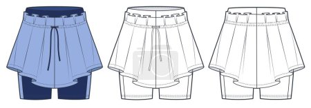 Illustration for Women's Mini Skirt, Short Leggings technical fashion illustration, blue design. Tennis Skirt fashion flat technical drawing template, front and back view, white color, women's CAD mockup. - Royalty Free Image