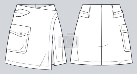 Illustration for Wrap Mini Skirt technical fashion illustration. Asymmetric Skirt fashion flat technical drawing template, pocket, zip-up, front and back view, white, women CAD mockup. - Royalty Free Image