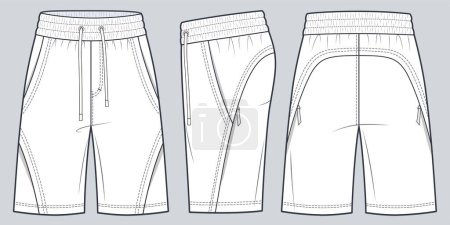 Illustration for Jogger Short Pants technical fashion Illustration. Sport Shorts fashion flat technical drawing template, front, side and back view, front and side pockets, white, women, men, unisex CAD mockup. - Royalty Free Image
