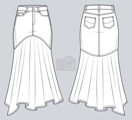 Denim Skirt technical fashion illustration. Flared down Skirt fashion flat technical drawing template, maxi lengths silhouette, pockets, front and back view, white, women CAD mockup.