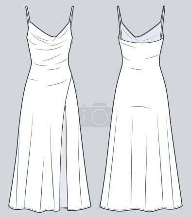 Illustration for Halter Dress technical fashion illustration. Strap maxi Dress fashion flat technical drawing template, front slit, side zip-up, front and back view, white color, women CAD mockup. - Royalty Free Image