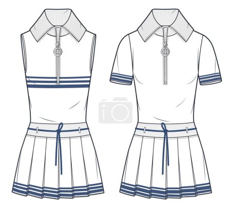 Illustration for Tennis Dress technical fashion illustration. Pleated mini Dress fashion flat technical drawing template, pleated, ribbed collar and waistband, zipper closure, front view, white, CAD mockup set. - Royalty Free Image