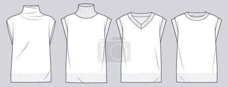 Illustration for Set of Sweaters Vest, Jumpers technical fashion illustration. Sweaters Vest fashion technical drawing template, overfit, roll neck, round neck, v neck, front view, white, women, men, unisex CAD mockup set. - Royalty Free Image