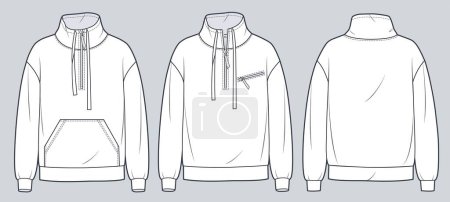 Set of Sweatshirt technical fashion illustration. Roll Neck Sweatshirt fashion flat technical drawing template, zip-up, pocket, front and back view, white color, women, men, unisex CAD mockup.