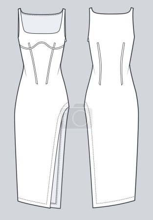Illustration for Women Midi Dress fashion flat technical drawing template. Vintage Evening midi Dress with corset fashion flat illustration, side split, square neck, front and back view, white, CAD mockup. - Royalty Free Image