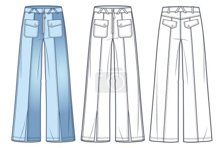 Unisex Jeans Pants technical fashion illustration, fashion concept. Wide Jeans fashion flat technical drawing template, medium waist, front slit, front and back view, white, women, men, unisex CAD mockup set. 