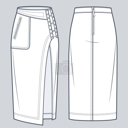 Illustration for Asymmetric Denim Skirt technical fashion illustration. Midi Skirt fashion flat technical drawing template, zip up, lace-up, pocket, front slit, front and back view, white, women CAD mockup. - Royalty Free Image