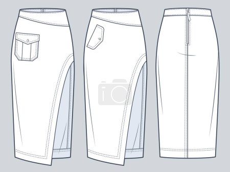 Illustration for Set of asymmetric Skirts technical fashion illustration. Midi Skirts fashion flat technical drawing template, zip up, pocket, side slit, front and back view, white, women CAD mockup set. - Royalty Free Image