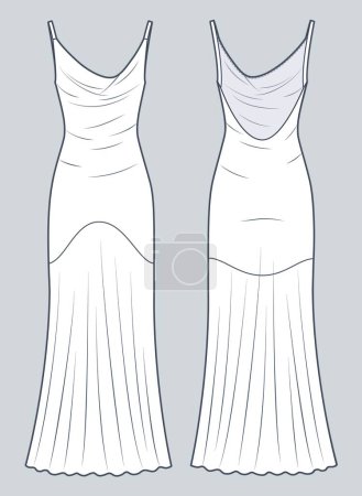 Illustration for Halter Dress technical fashion illustration. Strap maxi Dress fashion flat technical drawing template, side zip-up, front and back view, white color, women CAD mockup. - Royalty Free Image