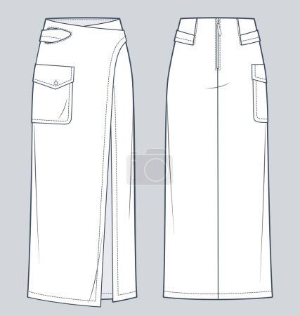Illustration for Wrap maxi Skirt technical fashion illustration. Asymmetric Denim Skirt fashion flat technical drawing template, pocket, zip-up, front and back view, white, women CAD mockup. - Royalty Free Image