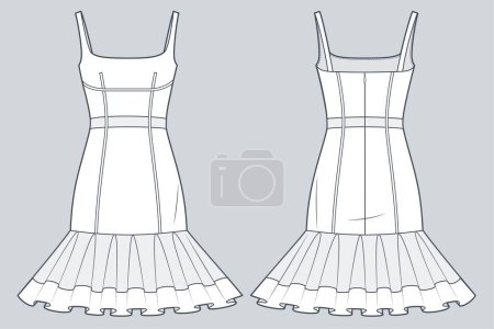 Illustration for Dress with sheer details technical fashion illustration. Ruffles mini Dress fashion flat technical drawing template, straps, zip-up, slim fit, front and back view, white, women CAD mockup. - Royalty Free Image