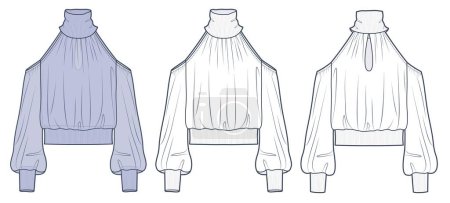 Téléchargez les illustrations : Cold sholder Top, Shirt technical fashion Illustration. Transparent Shirt fashion flat technical drawing template, roll neck, long sleeve, ribbed cuff and collar, cropped, front and back view, white, purple, women CAD mockup set. - en licence libre de droit