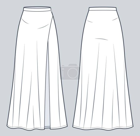 Illustration for Women Long Maxi Length Skirt technical fashion illustration. Girls Skirt fashion flat technical drawing template, A-line, zip-up, front slit, front and back view, white color, women CAD mockup. - Royalty Free Image