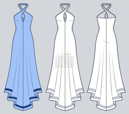 Illustration for Halter Dress technical fashion illustration, blue design. Maxi Dress fashion flat technical drawing template, zip-up, asymmetric bottom, front and back view, white color, women CAD mockup set. - Royalty Free Image