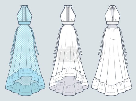 Illustration for Halter Dress technical fashion illustration, blue plaid design. Maxi Dress fashion flat technical drawing template, rib waistband, cutouts, tie, asymmetric bottom, front and back view, white color, women CAD mockup set. - Royalty Free Image