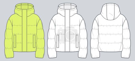 Unisex quilted padded Jacket technical fashion Illustration. Hooded down Jacket technical drawing template, crop, pocket, front and back view, white, yellow, women, men, unisex CAD mockup set.