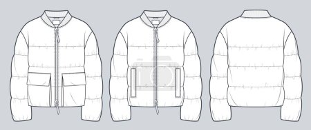 Unisex padded Jacket technical fashion Illustration. Bomber Jacket technical drawing template, crop, pocket, rib collar, zip-up,  front and back view, white, women, men, unisex CAD mockup set.