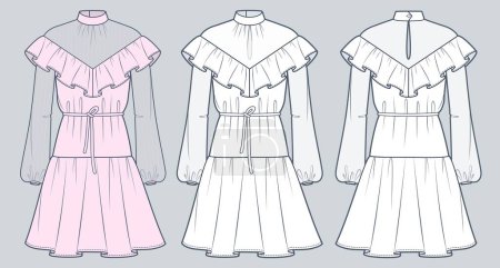 Illustration for Mini Dress with sheer details technical fashion illustration. Ruffled Dress fashion flat technical drawing template, long sleeve, collar, oversize, front and back view, white, pink color, women CAD mockup set. - Royalty Free Image