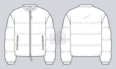 Zip-up Down Jacket technical fashion Illustration. Quilted padded Jacket, Outerwear technical drawing template, pocket, band collar, front and back view, white, women, men, unisex CAD mockup.