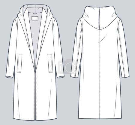 Illustration for Hooded Coat technical fashion Illustration. Oversize Coat, Outerwears fashion flat technical drawing template, midi length, long sleeve, pockets, front and back view, white, women, men, unisex CAD mockup. - Royalty Free Image