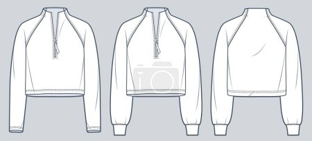 Illustration for Raglan Sleeve Sweatshirt technical fashion illustration. Cropped Shirt fashion flat tehnical drawing template, zip-up, front and back view, white, women, men, unisex CAD mockup set. - Royalty Free Image